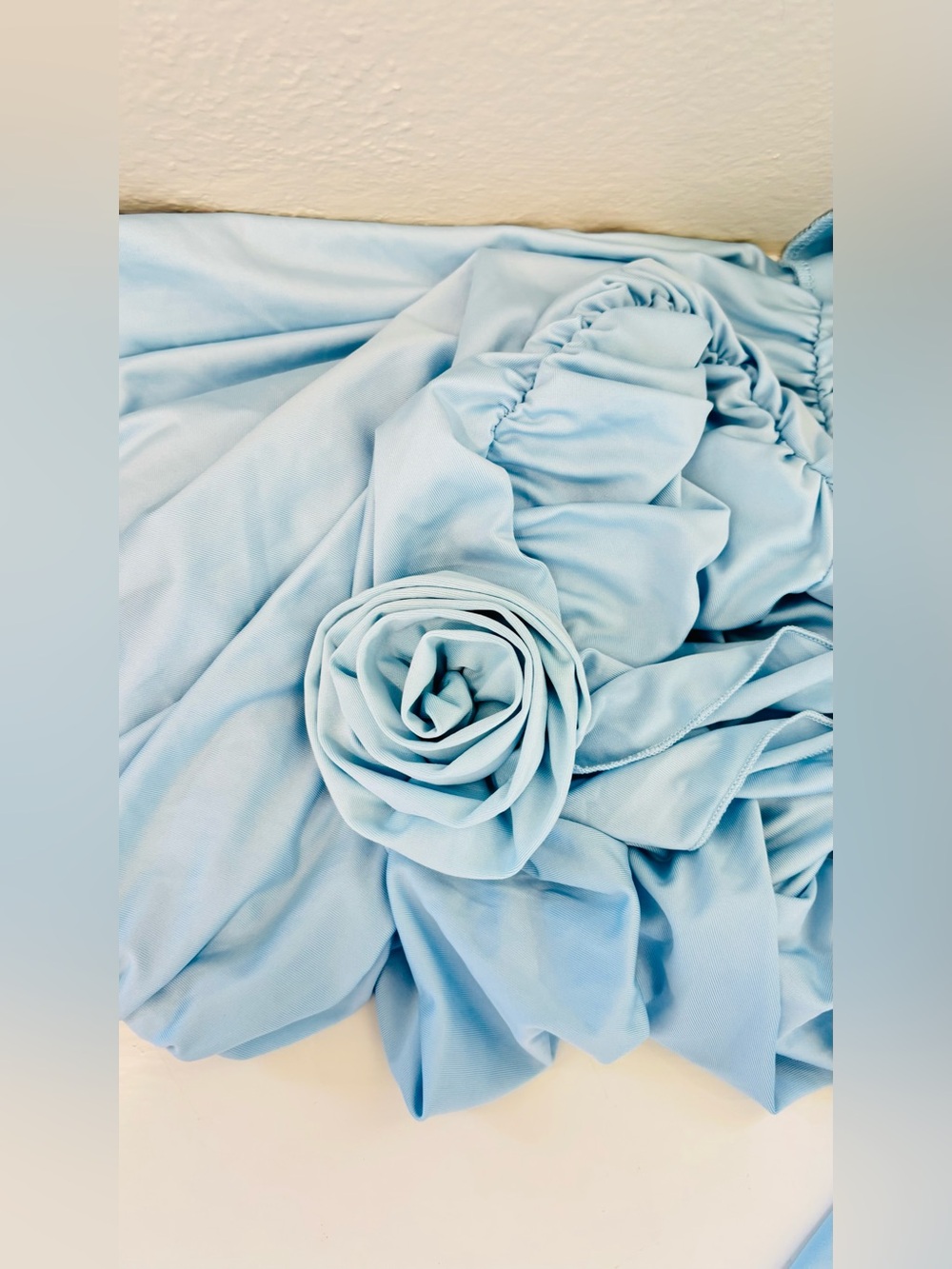 SHEIN Baby Blue One-Shoulder Ruched Mini Dress with Rosette Ruffle NWT - Picture 14 of 16